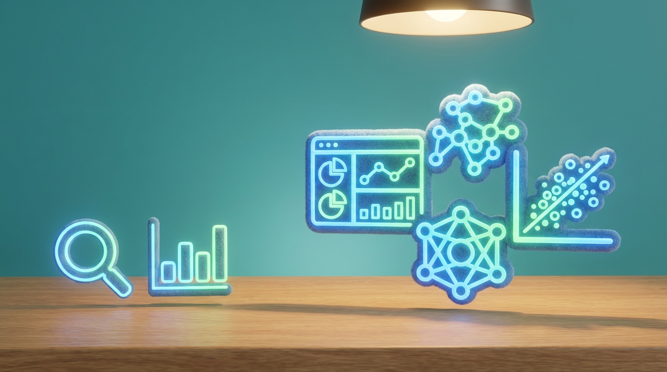 A stylized workbench or desk with various digital tools laid out. On one side, a few simple, glowing icons represent free tools (e.g., a simple search icon, a basic chart icon). On the other side, more complex, interconnected, and brightly lit icons represent advanced paid tools (e.g., a multi-faceted dashboard, a detailed graph with numerous data points). The composition highlights the progression from simple to complex. Warm lighting for the desk, with cool blue and green glows for the digital tools.