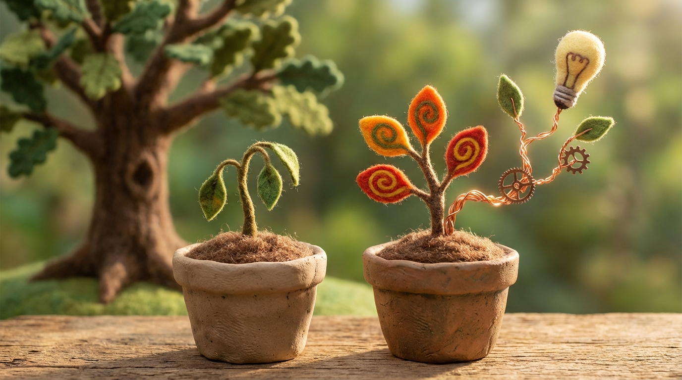 Two saplings growing side-by-side in distinct pots. The sapling on the left is a direct, albeit slightly smaller, replica of a mature tree visible in the background, showing basic copying. The sapling on the right, however, has unique, vibrant leaves and is beginning to sprout an unexpected, innovative branch that reaches upwards, symbolizing adaptation and evolution beyond mere imitation. The background is a soft, natural green. The composition highlights the contrast between the two plants. Calm and hopeful mood, with warm, earthy tones.