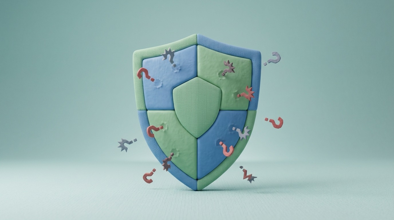 A stylized shield, made of smooth, interconnected geometric shapes, standing firm against a barrage of small, abstract, jagged 'question mark' or 'doubt' symbols that are bouncing off its surface. The shield is a calm, reassuring blue and green, while the 'doubt' symbols are muted reds and grays. The background is clean and simple, emphasizing the protective nature of addressing objections. The overall mood is one of confidence and reassurance.