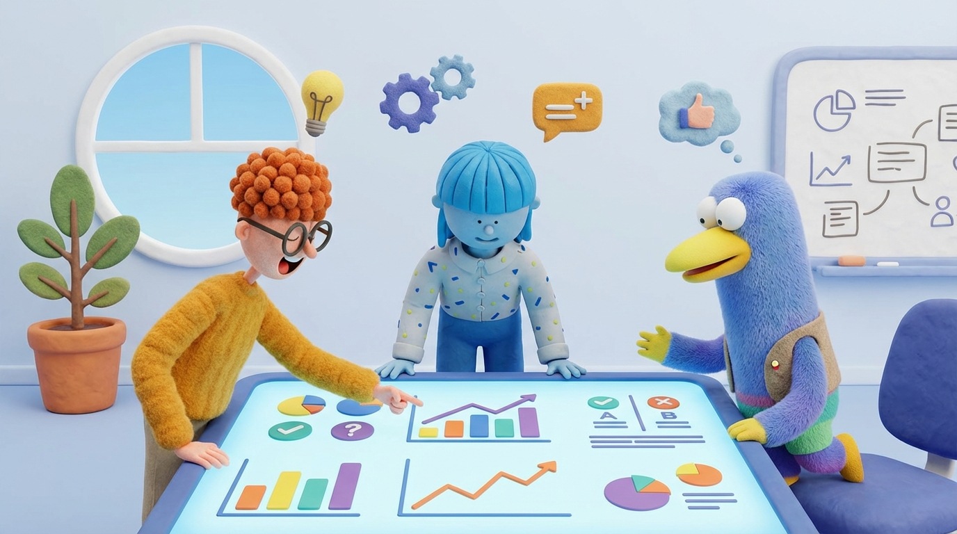 A collaborative workspace where stylized figures are gathered around a central table. The table surface is a digital screen displaying various data points, charts, and A/B test results. Figures are pointing at the screen, actively discussing and proposing ideas, represented by small, abstract icons floating above their heads. The atmosphere is open and encouraging, with bright, clean colors. The background shows subtle elements of a modern office, emphasizing teamwork and shared understanding of data-driven decisions.