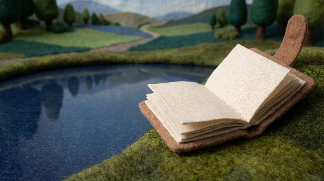 A still, reflective pool of water mirroring a distant, completed journey or project, represented by a stylized, calm landscape. A small, open journal lies on the bank next to the pool, ready for entries. The mood is contemplative and peaceful, yet ready for learning. A low-angle shot, focusing on the reflection and the journal. The color palette is serene, with deep blues and greens for the water and surrounding nature, and soft creams for the journal, conveying a sense of peaceful reflection and analysis.