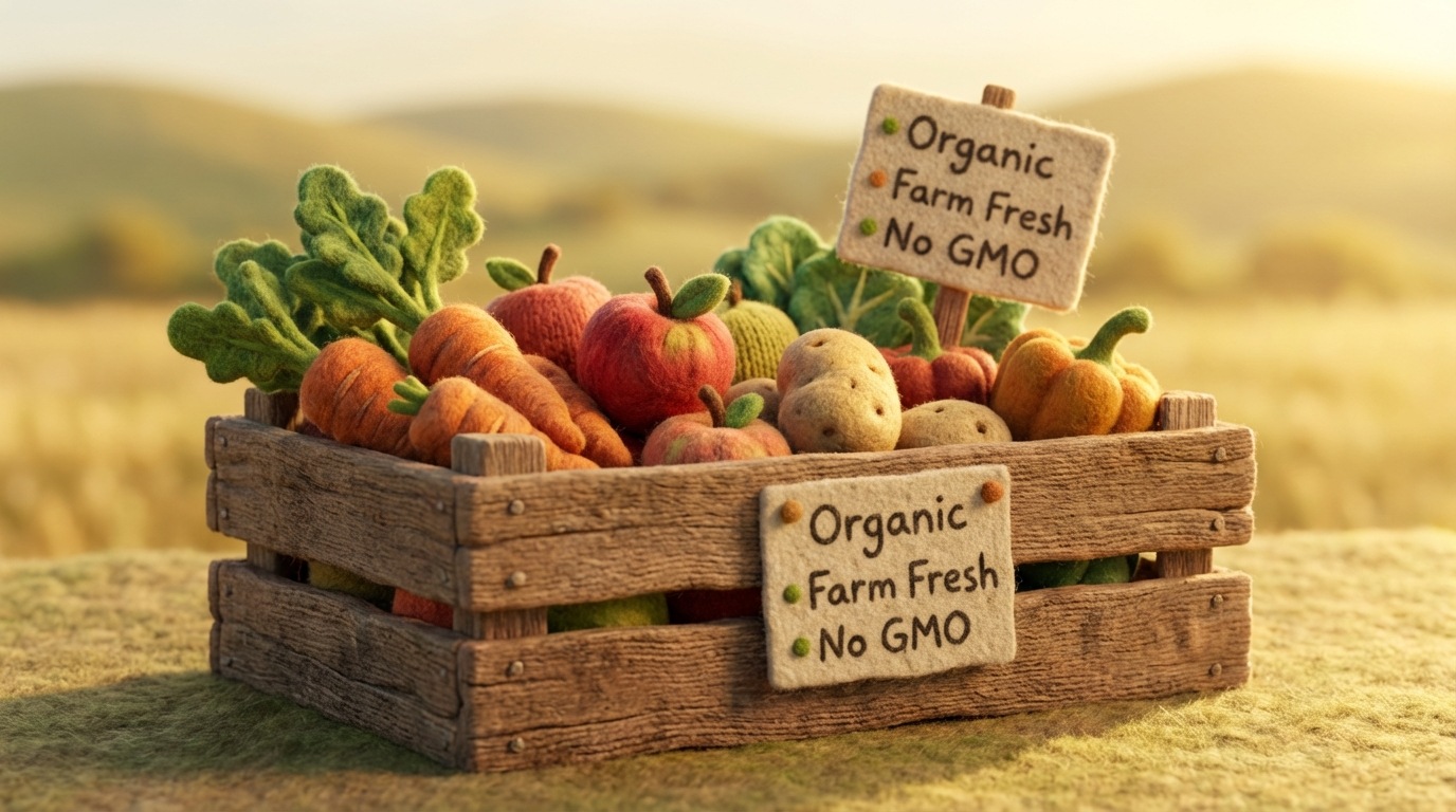 A rustic wooden crate filled with vibrant, organically shaped fruits and vegetables (e.g., a gnarled carrot, a slightly imperfect apple). A small, hand-drawn sign is tucked into the crate, subtly displaying phrases like "Organic," "Farm Fresh," "No GMO." The background is a soft, sun-drenched field. Warm, earthy tones dominate. A sense of natural quality and specific appeal.