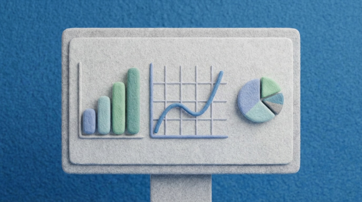 A minimalist digital dashboard displayed on a screen, composed of several distinct, clear data visualizations. These include a simple bar chart showing growth, a smooth line graph indicating trends, and a small pie chart with clearly defined segments. The focus is on clarity and essential information, rather than overwhelming data. The color palette is clean and modern, with soft blues, greens, and grays, conveying a sense of organized insight.