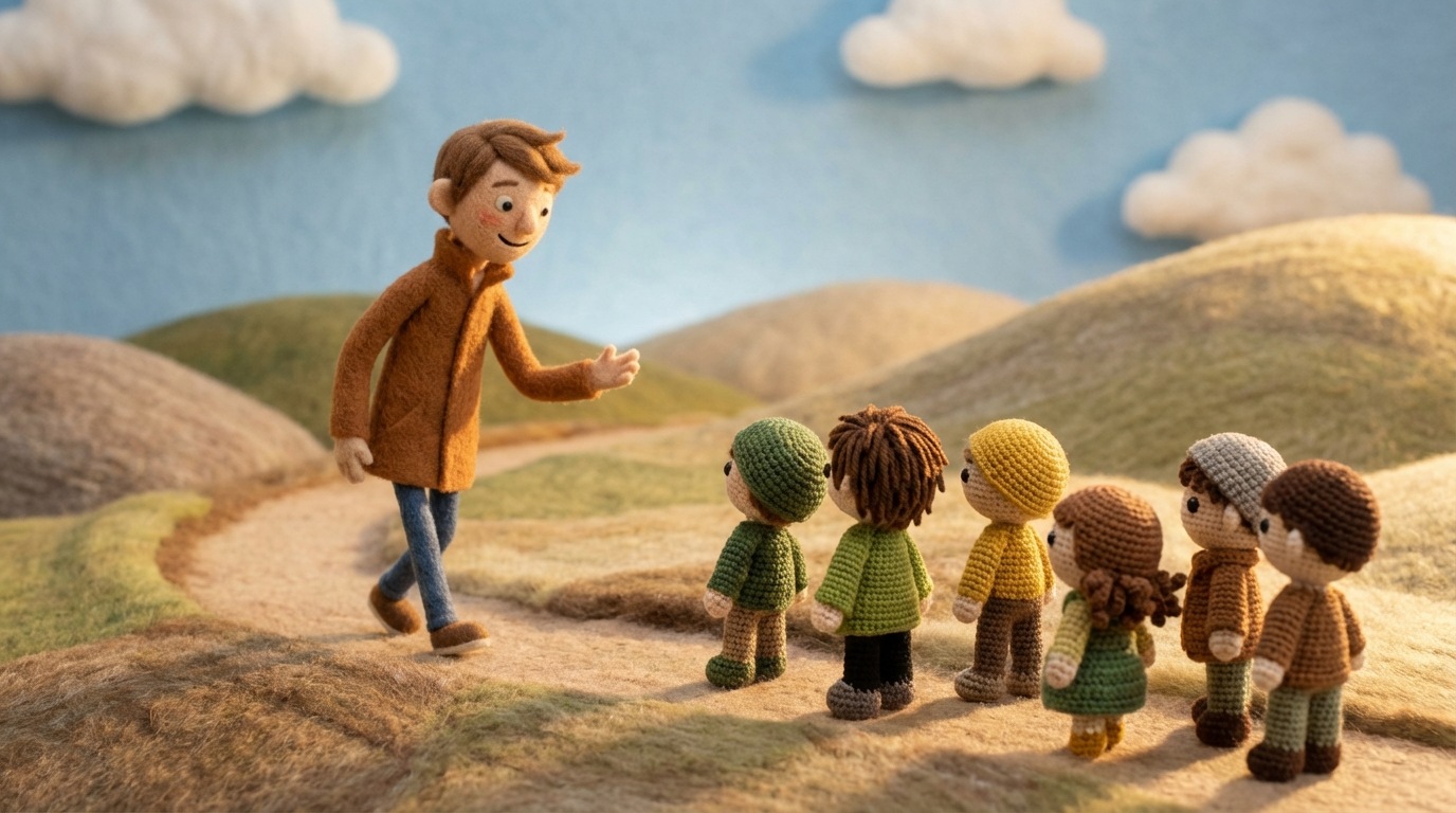 A path leading through a gentle, rolling landscape, with a single, larger, stylized figure (the owner/leader) walking slightly ahead, turning back to gesture encouragingly towards a group of smaller figures following behind. The path is clear, but with slight inclines and turns, suggesting a journey. The scene is bathed in soft, warm light, conveying a supportive and guiding atmosphere. The color palette is natural, with greens, browns, and soft yellows. Viewed from a mid-distance, looking along the path.