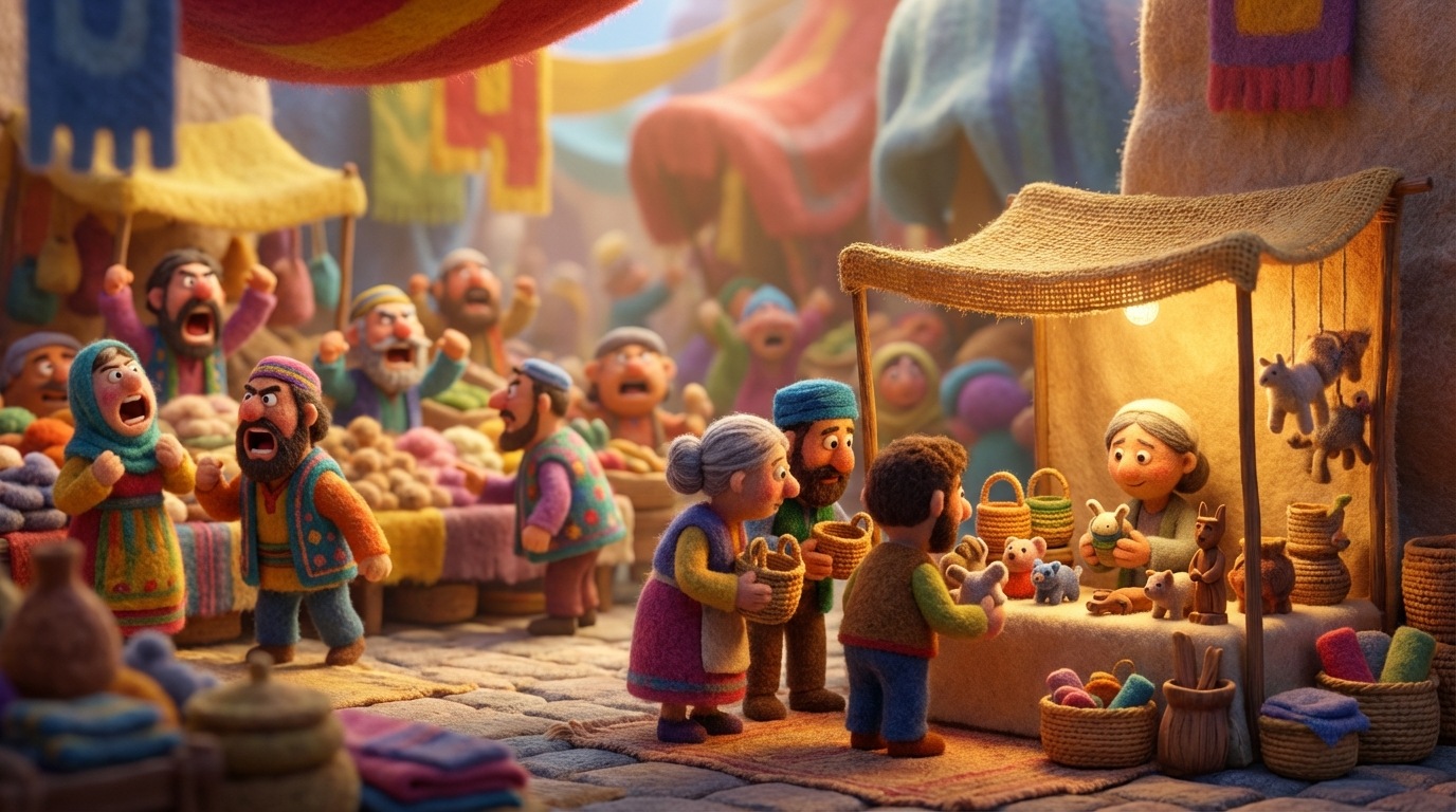 A bustling, colorful marketplace with many vendors shouting and large banners. In the foreground, slightly to the side, a small, quiet, specialized stall is visible, with a few customers intently examining unique, handcrafted items. The stall has a warm, inviting glow, drawing specific attention, while the larger market is a blur of activity. The mood is one of focused attention versus overwhelming noise.