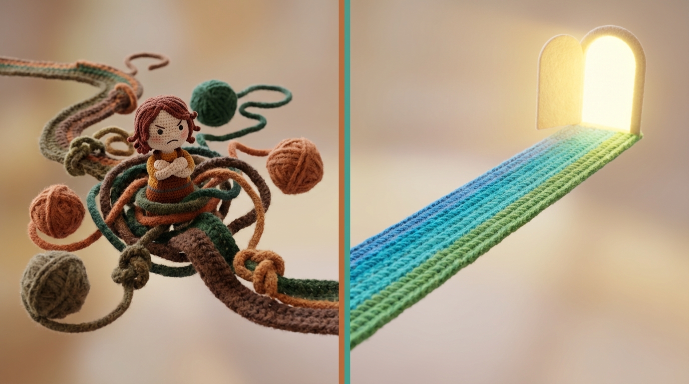 A winding, tangled path on the left side of the image, full of obstacles and dead ends, with a single, frustrated figure trying to navigate it. On the right, a smooth, clear, elevated track leads directly to a bright, open destination. The two paths are separated by a subtle, vertical line. The chaotic path is in earthy, confusing tones, while the clear path is in bright, optimistic blues and greens. Side view, emphasizing the journey.