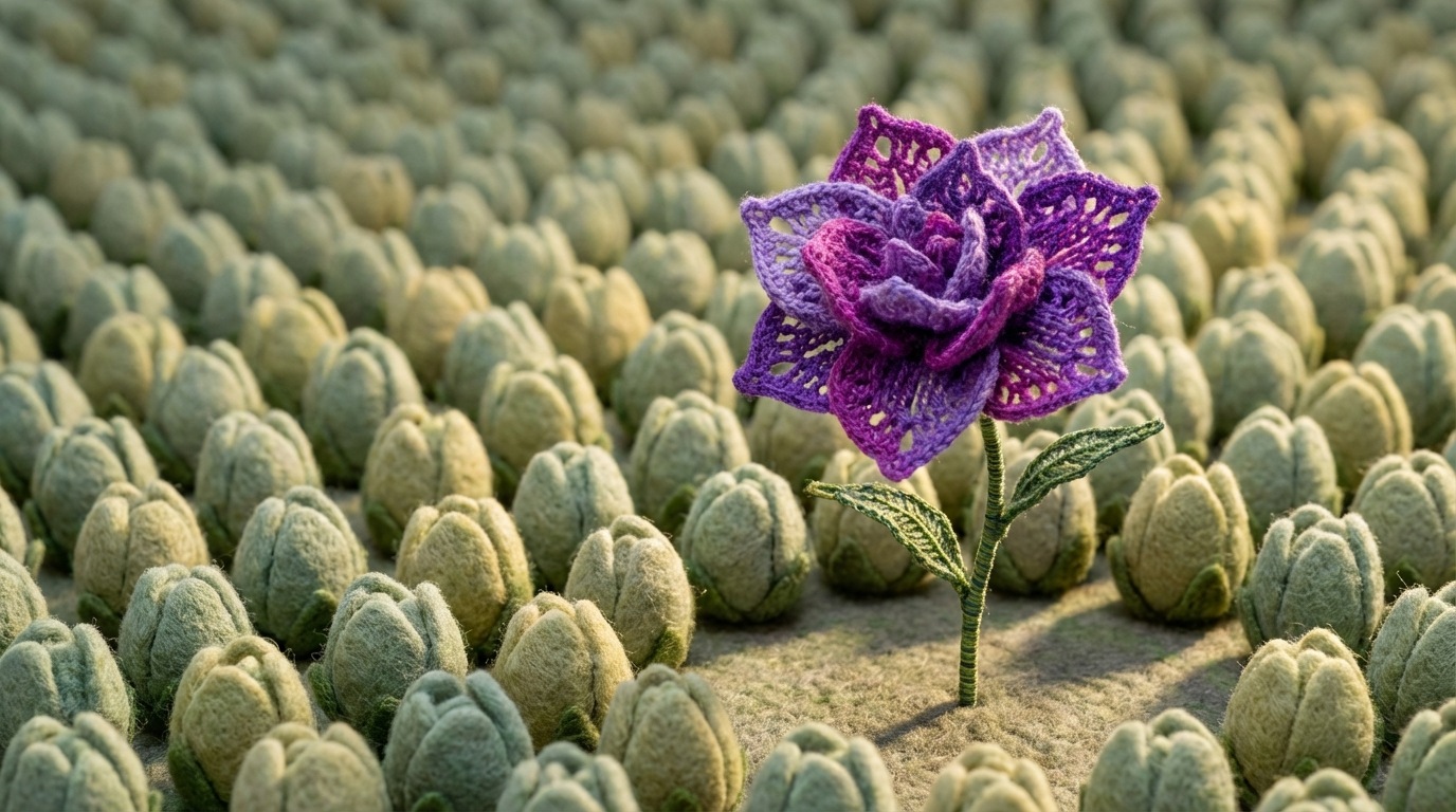 A field of identical, unbloomed flowers in muted tones, stretching into the background. In the foreground, one single flower stands out, vibrant and fully bloomed, with unique, intricate petals and a distinct color (e.g., bright purple amidst a field of pale green). This flower represents a unique selling proposition. The overall mood is one of distinction and standing out from the crowd. Low-angle view, emphasizing the singular beauty.