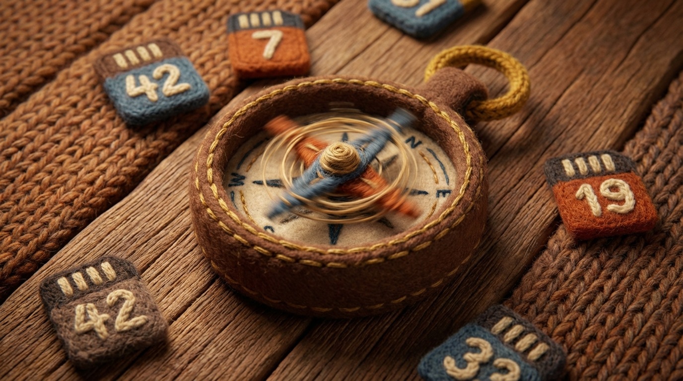 A stylized, old-fashioned compass lying on a weathered wooden table. The needle spins wildly and erratically, pointing in multiple directions at once, indicating uncertainty and unreliability. Around the compass, several small, clear, rectangular data chips are scattered, each containing a single, precise number, contrasting with the chaotic compass. The color palette is warm and earthy, with a slightly anxious mood.
