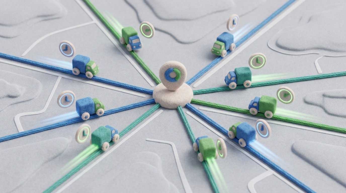 A stylized map showing multiple optimized delivery routes radiating from a central hub. Icons representing trucks are efficiently moving along these routes, with clear indicators of estimated arrival times. The background is a clean, modern map interface. The mood is efficient and reliable. The color palette uses bright blues and greens for routes, with a muted gray for the map.