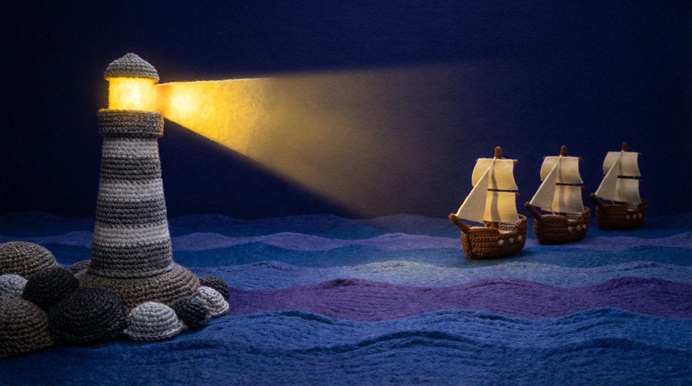 A calm, open sea at night, with a single, brightly glowing lighthouse beacon cutting through the darkness, illuminating a clear path forward. In the distance, a small, organized fleet of ships is sailing towards the light. The surrounding sea is dark but serene, with a sense of purpose. Cool, deep blues and purples for the night sky and sea, with a strong, warm light from the lighthouse. Medium shot, emphasizing guidance and direction.