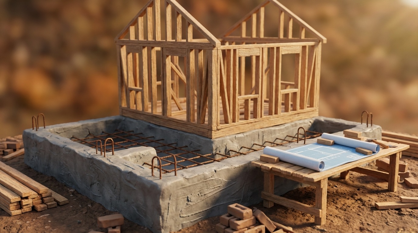An architectural scene depicting a house under construction. The foreground clearly shows a robust, poured concrete foundation with rebar elements, emphasizing stability and planning. Above it, the wooden frame of the house is partially erected, but the roof is conspicuously absent. To the side, a rolled-out blueprint with clear lines and measurements lies on a flat surface, indicating a detailed plan. The atmosphere is one of methodical progress and foresight, with warm, natural light illuminating the scene. Dominant colors are earthy browns, grays, and the light blue of the blueprint. Viewed from a slightly elevated, eye-level perspective.