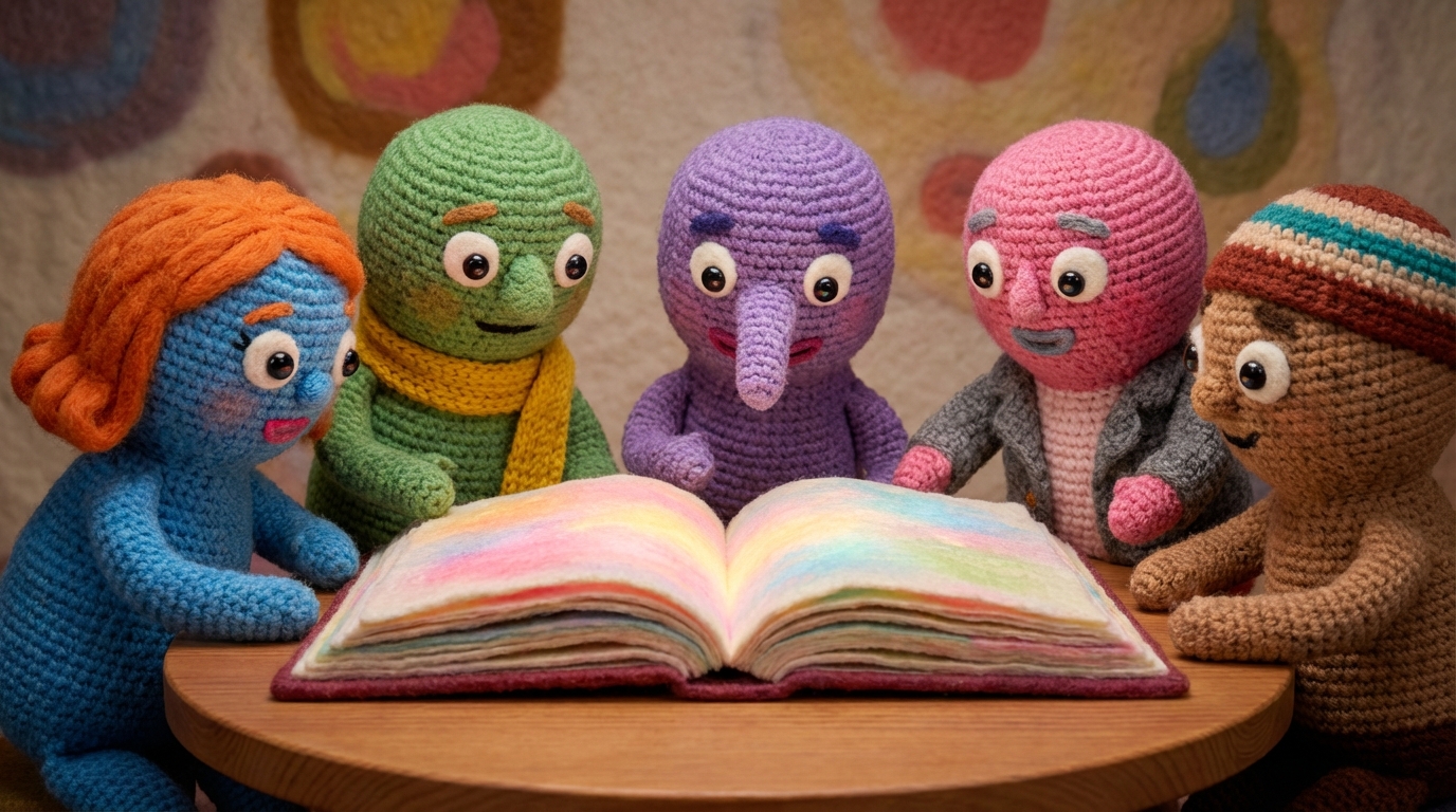 A large, open book with glowing pages at the center of a table. Around it, several abstract figures are gathered, leaning in with expressions of curiosity and engagement. Light emanates from the book, casting colorful reflections on the faces and the surrounding space, suggesting inspiration. The background is slightly blurred, focusing attention on the book and the interaction. The overall mood is one of focused excitement and shared discovery.