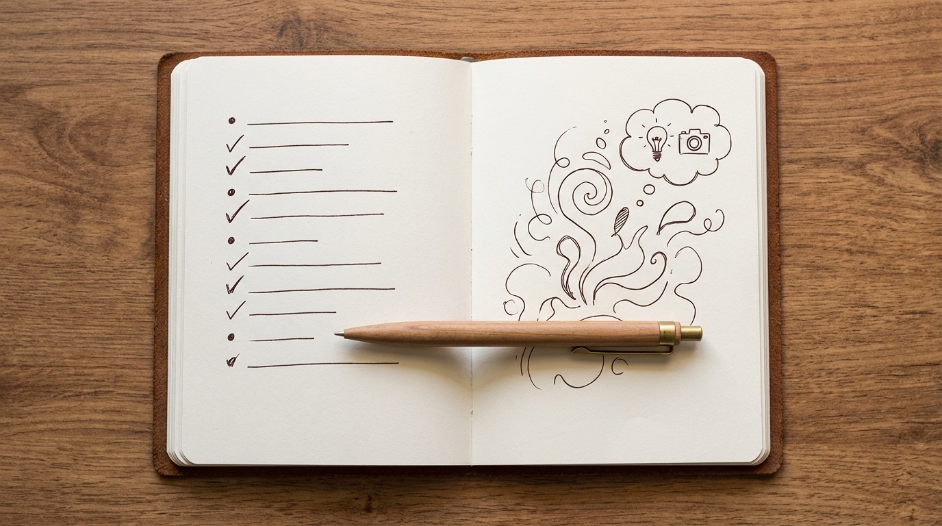 An open notebook lying on a wooden desk, with a pen resting on its pages. The left page has a neatly written outline or bulleted list, representing a simple video script. The right page has a more abstract, quick sketch or doodle, showing a creative idea forming. A warm, inviting atmosphere is created by soft, diffused light. The color palette is natural and earthy, with browns of the desk and off-white pages. Top-down view, highlighting the organized plan.