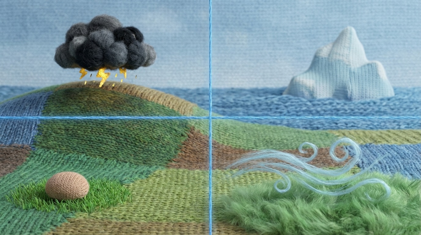A simple, transparent 2x2 grid overlaid on a landscape. In the "High Probability, High Impact" corner, a small but intense storm cloud gathers. In the "Low Probability, High Impact" corner, a large, distant iceberg is barely visible. The other two corners show minor, easily manageable elements like a gentle breeze or a small stone. The overall scene has a clear, analytical feel.