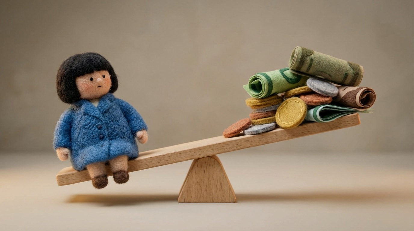 A seesaw balance scale. On one side, a single, newly arrived customer figure is sitting. On the other side, a pile of various coins and bills (representing cost) is placed, attempting to balance the scale. The scene visually demonstrates the cost associated with acquiring each customer, with a focus on equilibrium. Simple, clear composition with a neutral background.