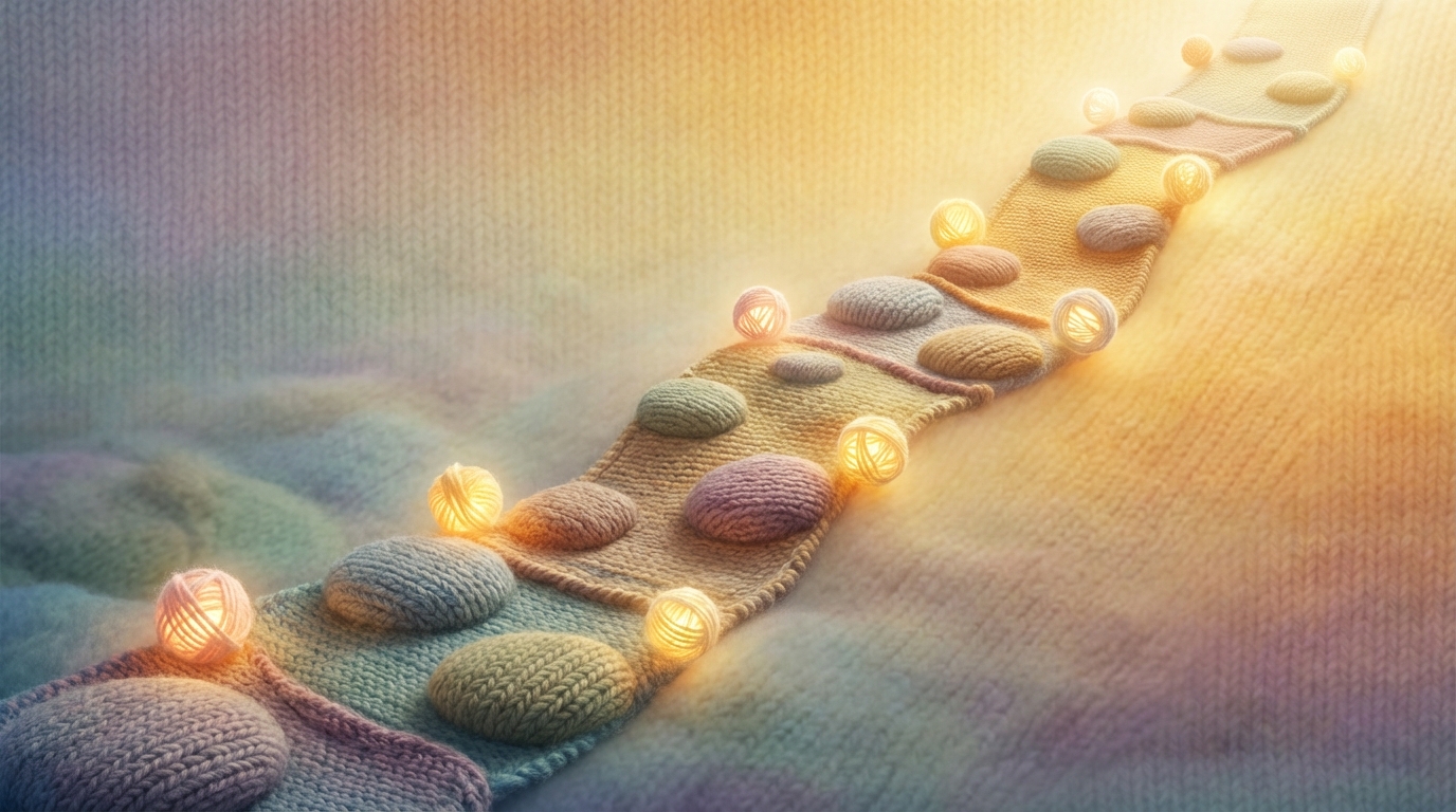 A gently ascending, winding path or a series of stepping stones, with several small, glowing orbs or light sources placed along its length, symbolizing continuous learning and development. The path starts from a muted, less defined area and leads towards a brighter, more expansive space at the top. The overall atmosphere is one of progress and growth, viewed from a slight elevation. The colors transition from soft blues and greens at the bottom to warmer, more vibrant yellows and oranges towards the top, illustrating the journey from novice to expert.