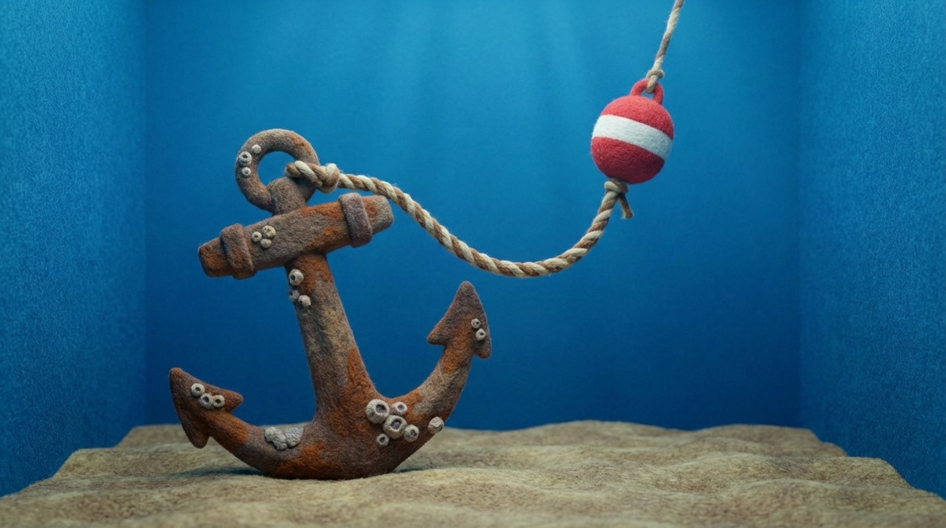 A large, antique-looking ship's anchor, heavy and substantial, resting firmly on the seabed. Above it, a smaller, lighter object (perhaps a buoy or a small boat) is tethered by a rope, floating freely but always held in relation to the anchor. The water above is clear, showing the connection. The color palette is deep blues and greens for the water, with earthy tones for the anchor, conveying stability and a fixed point of reference. The composition clearly shows the concept of an anchor influencing the position of something else, metaphorically representing price perception.