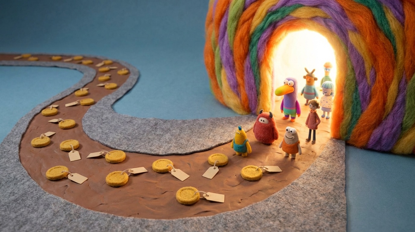 A stylized, wide-angle view of a path leading towards a vibrant, colorful portal. Along the path, numerous small, identical coin-like shapes are scattered, each with a small price tag attached. As they approach the portal, they transform into distinct, stylized customer figures entering a bright, inviting space. The emphasis is on the cost associated with each step of acquiring a new customer. The color palette is bright and inviting around the portal, contrasting with the more muted tones of the path.