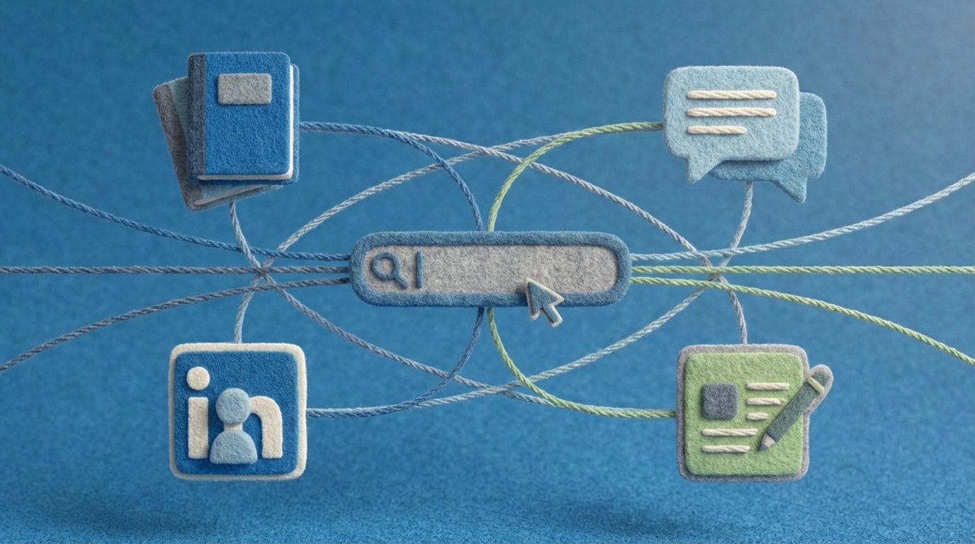 A stylized, interconnected network of information sources. At the center, a search bar with a small pointer hovers, representing targeted search queries. Surrounding it are various icons: a stack of professional journals, a forum chat bubble, a LinkedIn-like profile icon, and a blog post symbol. All these elements are connected by subtle lines, showing the flow of information that a B2B buyer navigates. The composition is dynamic yet organized, with a focus on discovery. A palette of blues, grays, and subtle greens, conveying a sense of knowledge and exploration.