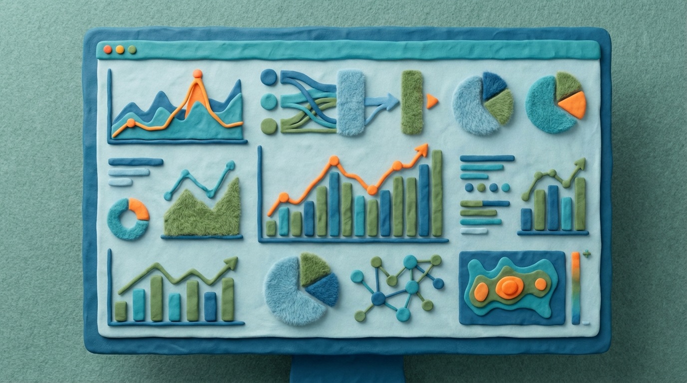 A close-up view of a computer screen displaying a complex dashboard with various charts and graphs. The charts show trends, user flow, and conversion rates. The color palette is predominantly blue and green, with pops of orange for key metrics. The overall mood is analytical and data-driven.