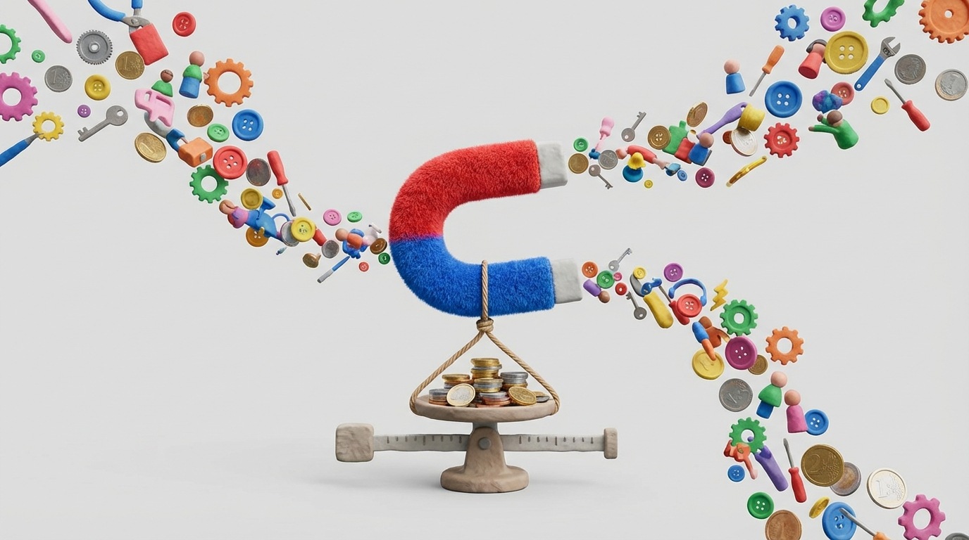A stylized, vibrant magnet attracting a stream of small, diverse, colorful objects (representing new clients) from various directions. The magnet itself is connected to a weighing scale, where a pile of coins represents the cost. The scene balances attraction with the concept of investment, set against a clean, neutral background. Bright and dynamic color palette.