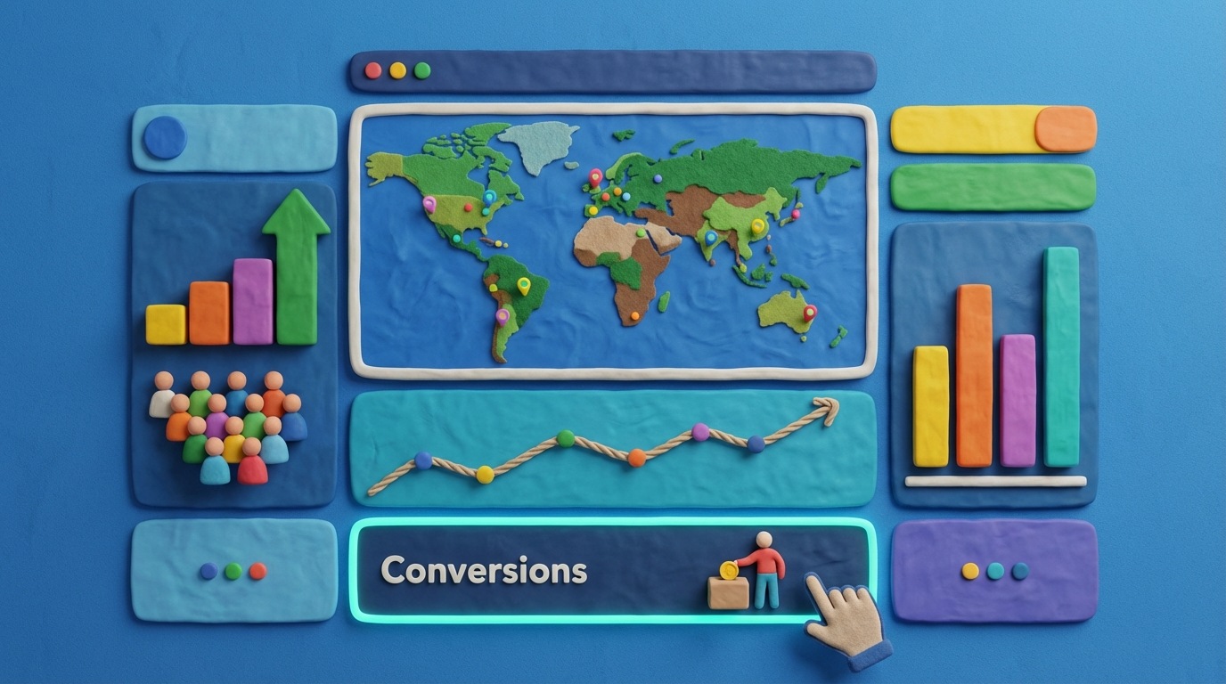 A detailed dashboard interface, mimicking Google Analytics, with various widgets displaying data. Prominent widgets include a real-time visitor counter, a world map showing user locations, a line chart illustrating session duration, and a bar chart for traffic sources. The interface is clean and data-rich, with bright, contrasting colors to highlight key metrics. A cursor hovers over a "Conversions" section, emphasizing its importance.