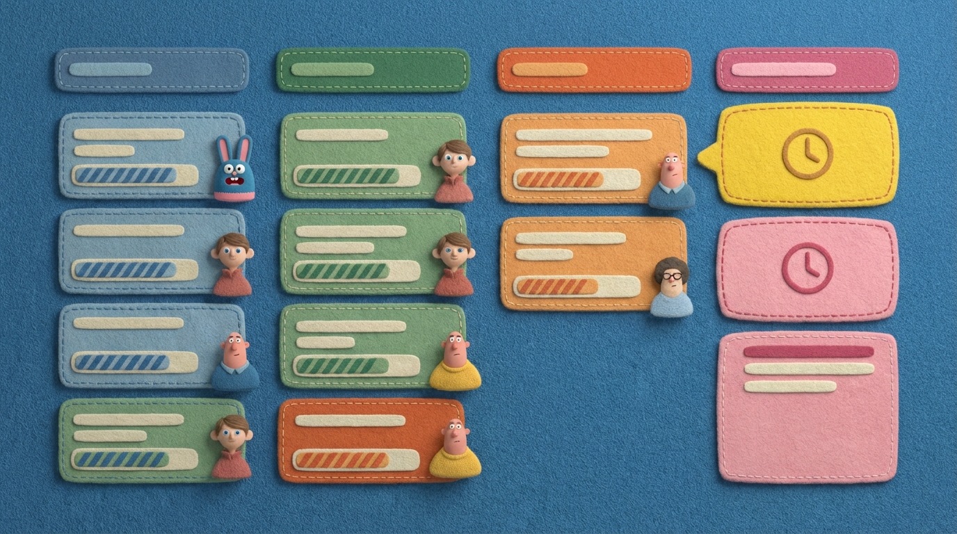 A stylized illustration of a digital dashboard displaying various project management elements. There are task cards with progress bars, upcoming deadlines highlighted, and assigned team members represented by small icons. The overall design is clean and informative, conveying a sense of organized control over multiple projects.