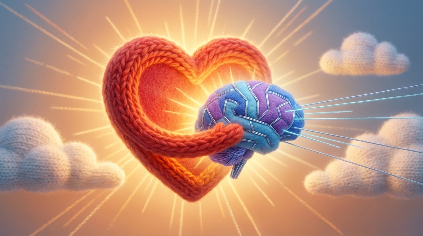 A large, stylized heart shape encompassing a smaller, geometric brain shape. The heart is vibrant and radiating soft, warm light, while the brain is precise and emits subtle, cool lines. The heart appears to be guiding the brain, illustrating that emotions often drive decisions, with logic serving to rationalize them. The background is a soft gradient, with a focus on the interaction between these two elements. The mood is contemplative, highlighting the interplay between feeling and reason.