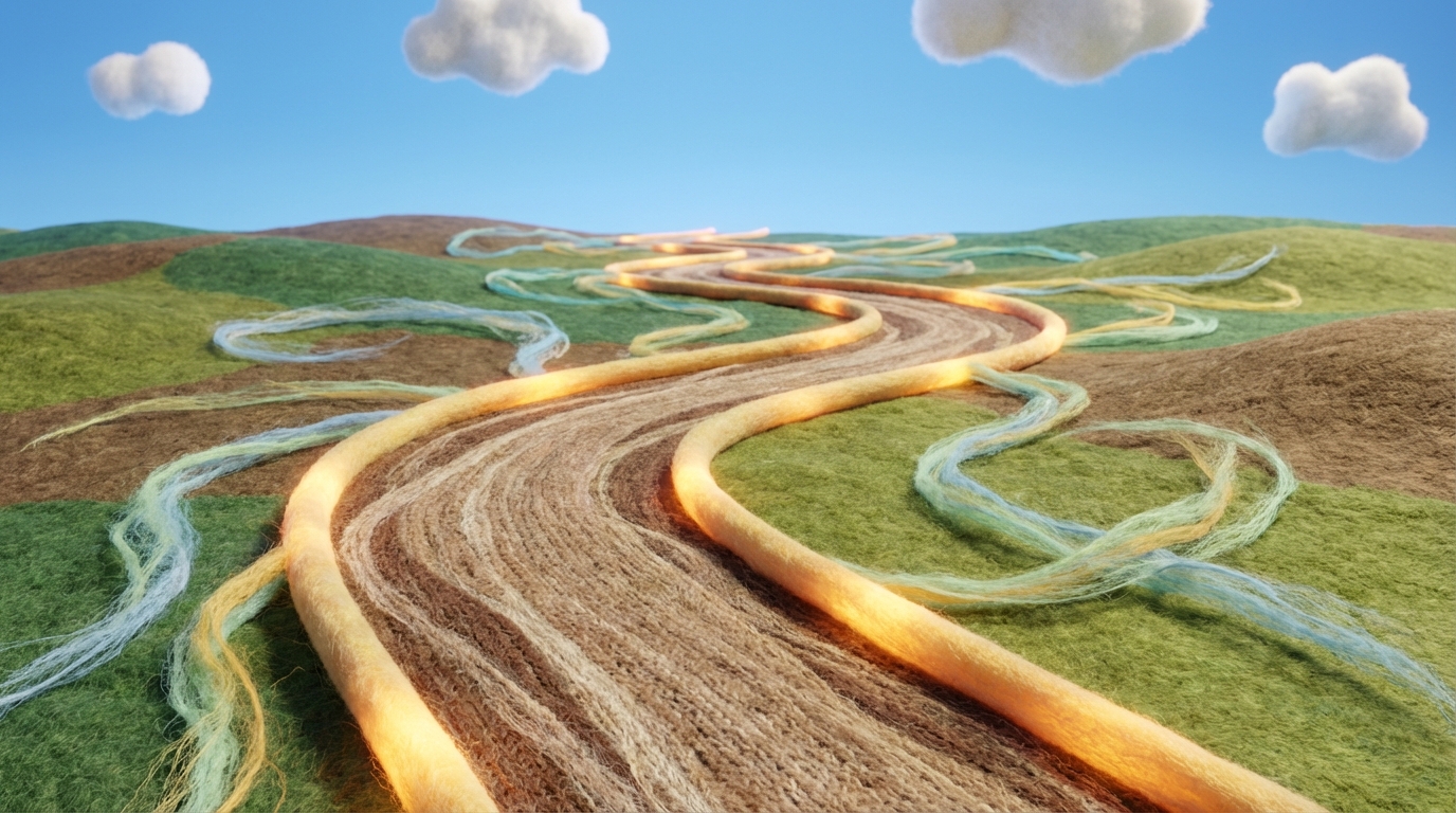 A winding, but clearly defined path stretching into the distance, with luminous guide rails on either side. However, the path itself is wide and has numerous smaller, branching, ephemeral trails that suggest freedom to explore within the boundaries. The overall scene is set under a clear, bright sky, conveying clarity and purpose. The main path is a solid, grounding color, while the branching trails are lighter, more fluid hues.