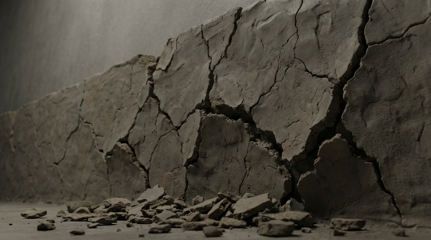 A stylized, cracked foundation or a crumbling wall, with several visible fissures spreading across its surface. The cracks represent fundamental errors that undermine a business or website. Scattered around the base are small, broken pieces, symbolizing lost opportunities or clients. The color palette is muted and somewhat somber, with grays and browns, conveying a sense of instability and decay. The composition is a low-angle shot, emphasizing the severity of the structural damage.