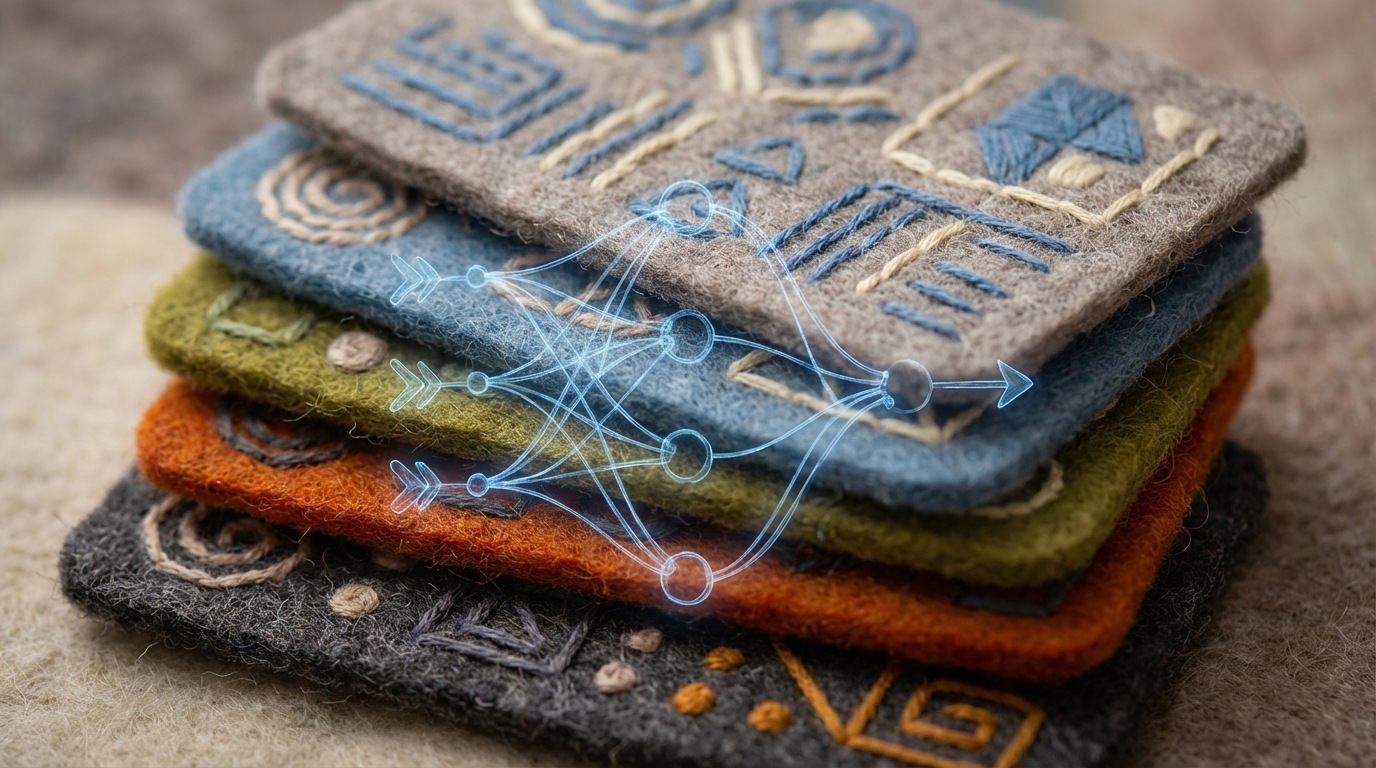 A close-up view of a stack of diverse data cards, each with abstract patterns and symbols. Some cards are brightly colored, others muted. A stylized, faint outline of a learning algorithm is subtly overlaid on top, connecting different patterns on the cards. The mood is analytical and focused, with a color palette of muted grays, blues, and occasional warm accent colors on the cards. The composition is tight, emphasizing the dense information being processed.