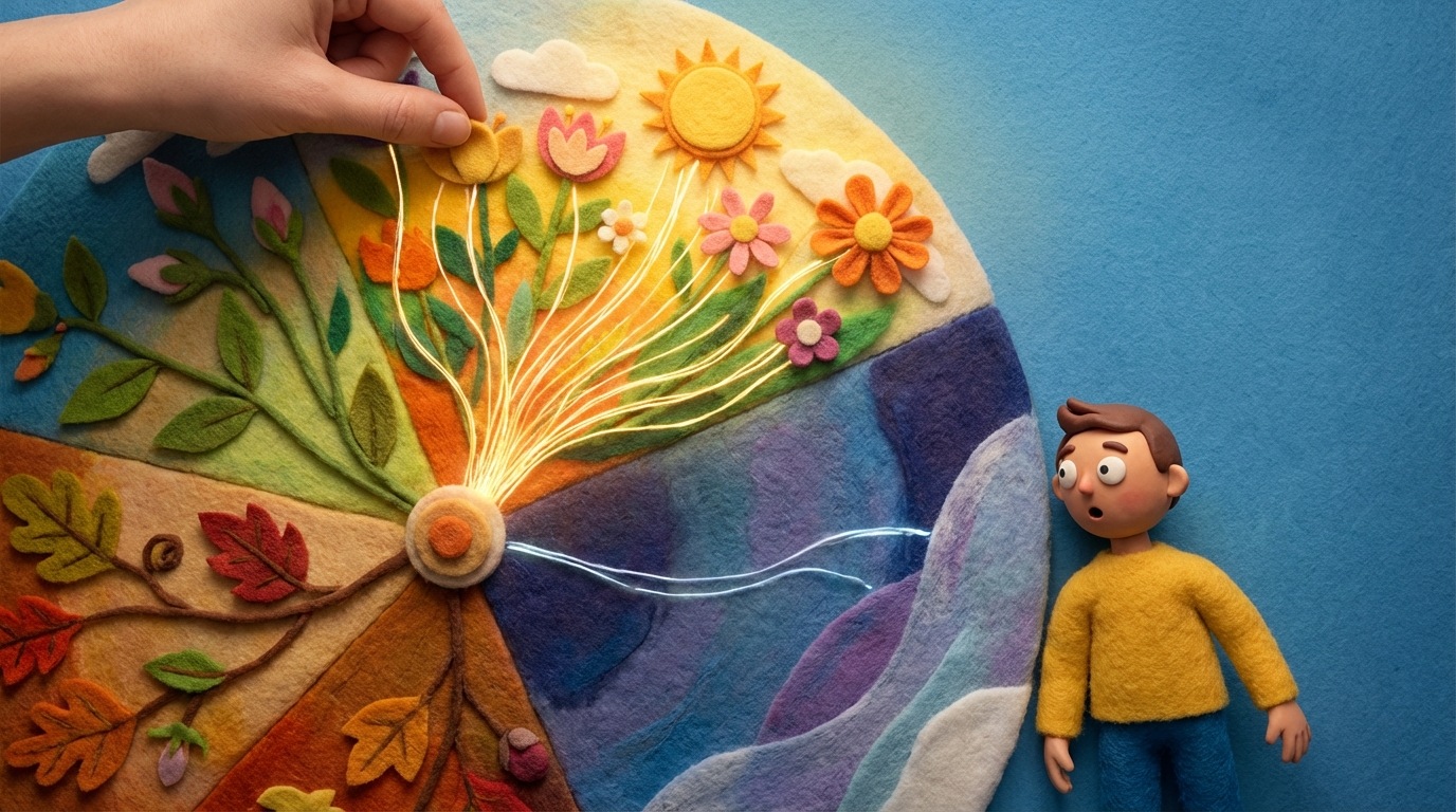 A stylized calendar with four distinct sections, each representing a season. One section (e.g., summer) is brightly lit and bustling with activity, showing many glowing lines (queries) flowing towards it. Another section (e.g., winter) is dim and quiet, with very few lines. A small, abstract figure is looking at the dim section, appearing surprised and unprepared, while an adjacent section is being actively planned and adjusted. The color palette shifts with the seasons, from warm to cool.