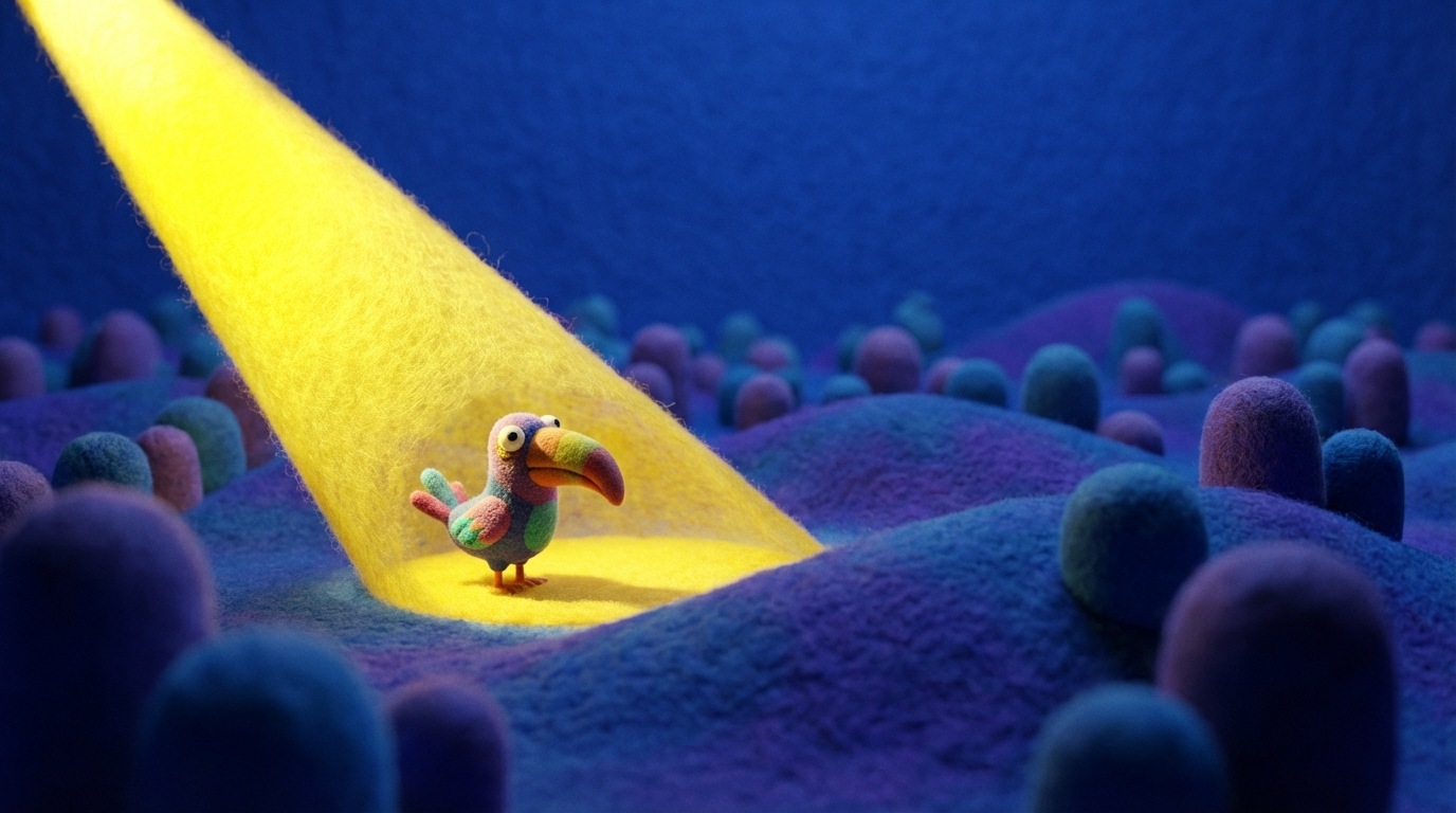 A wide, expansive landscape stretches into the distance, filled with many indistinct, similar-looking objects. In the foreground, a single, powerful spotlight shines a narrow, intense beam of light, precisely illuminating one specific, detailed object, bringing it into sharp focus while the rest of the landscape remains blurred. The scene uses a deep blue background with a bright yellow spotlight, emphasizing precision and focus.