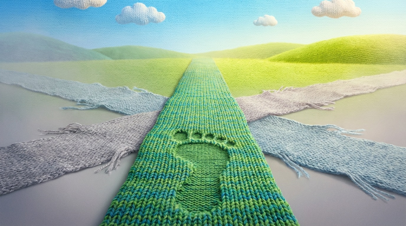 A single, clear path emerges from a crossroads, stretching forward into a bright, open landscape. The other paths at the crossroads are faded and less defined, suggesting they were not chosen. A distinct, bold footprint is visible at the beginning of the chosen path. The mood is resolute and forward-moving. A slightly elevated view, looking along the chosen path. The color palette is vibrant and hopeful, with clear blues and greens, emphasizing a fresh start and determined progress.