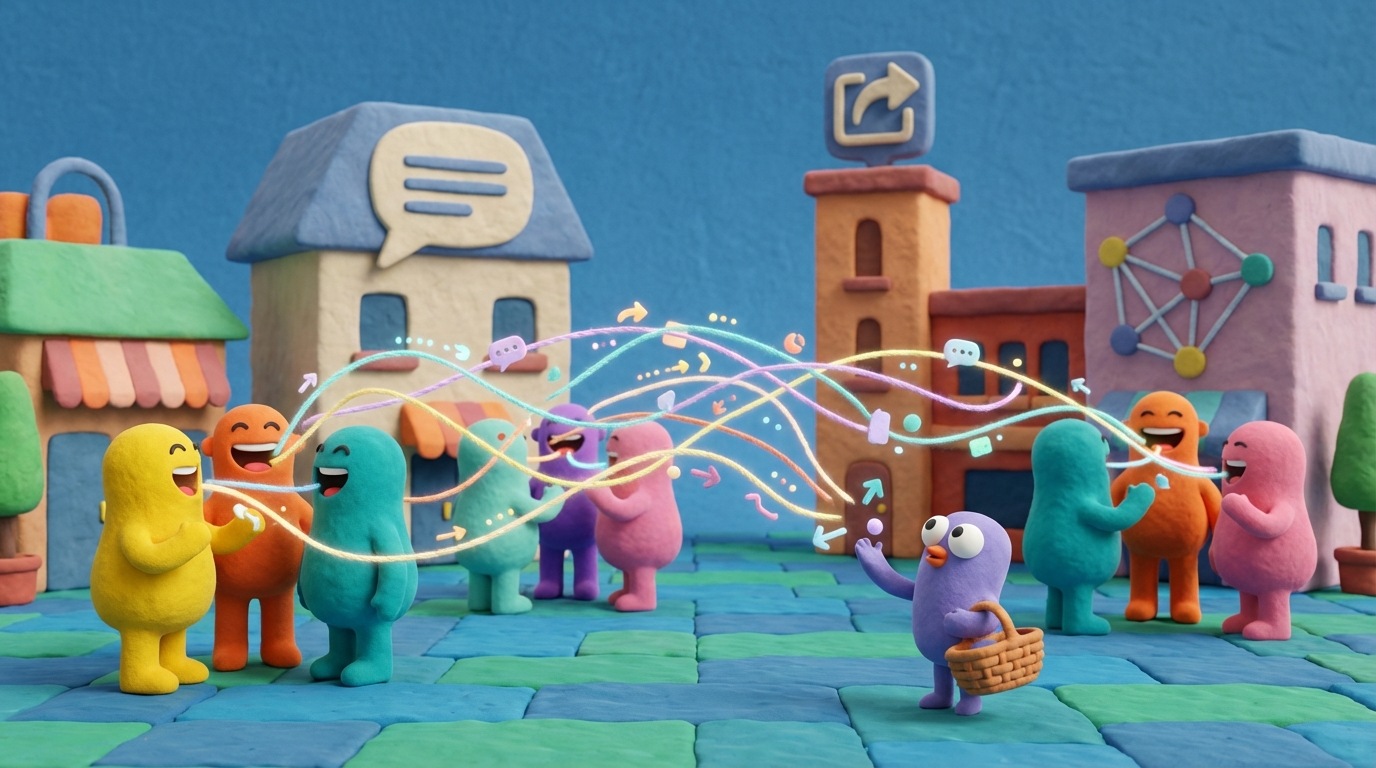 A bustling, vibrant digital town square filled with abstract figures engaged in animated conversations, represented by interconnected lines and flowing symbols. Various platform icons (social media, forum bubbles) are subtly integrated into the architecture. A small, attentive abstract figure stands slightly apart, observing and collecting the flowing conversational data, suggesting active listening and data gathering. The mood is lively and communal, with a bright, diverse color palette.