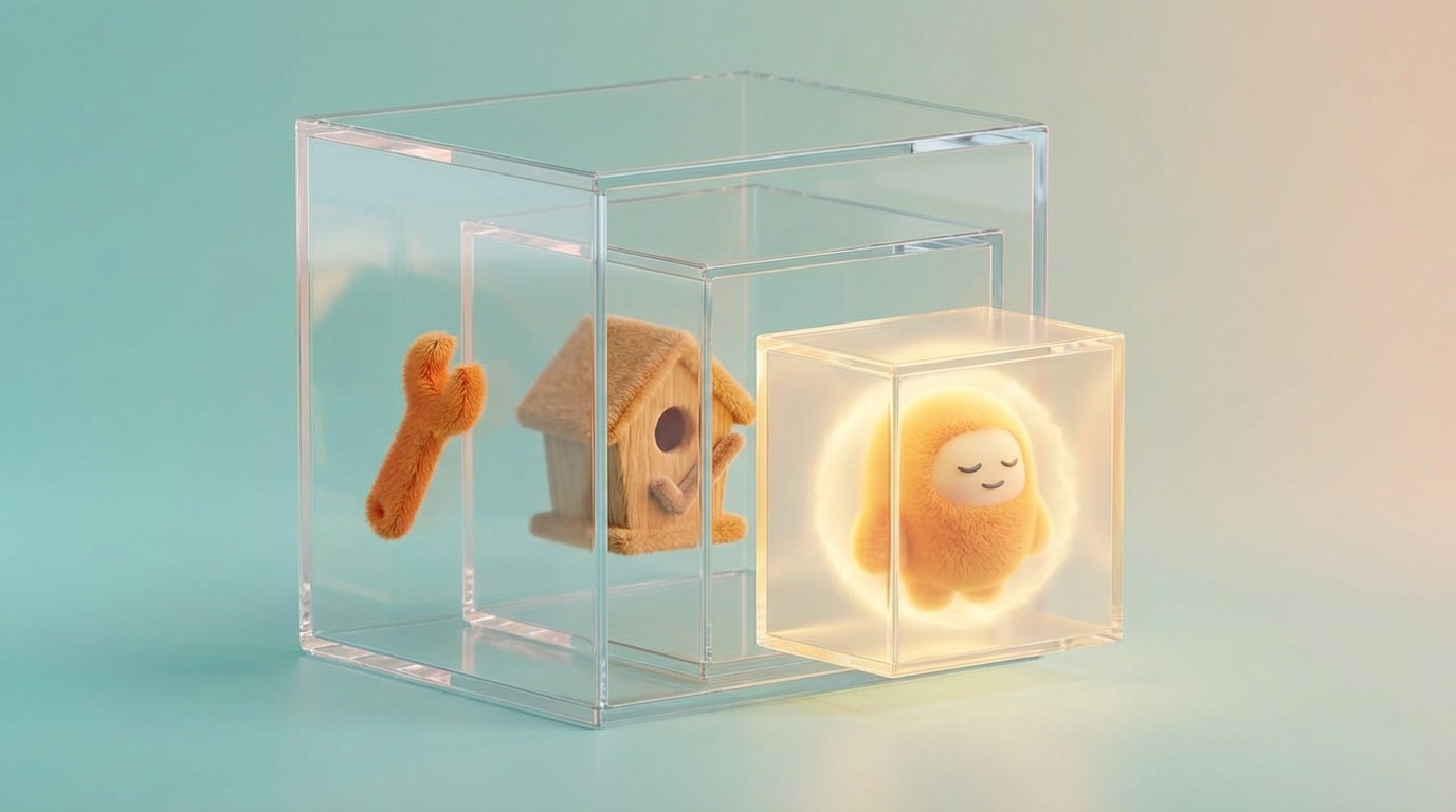 A series of three transparent, nested boxes, each revealing a deeper layer of benefit. The outermost box contains a basic item (e.g., a simple tool). The second box, inside the first, shows a functional outcome (e.g., a completed task). The innermost, glowing box reveals an abstract, positive emotion or long-term advantage (e.g., a serene, calm person, or a growing business graph). The scene uses a clean, minimalist aesthetic with soft, gradient lighting, symbolizing discovery and deeper understanding.