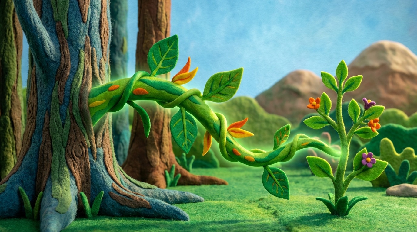 A visual metaphor of a strong, healthy vine growing from several robust, well-established trees (representing authoritative websites) and extending towards a smaller, flourishing plant (your website). The connections are thick and vibrant, symbolizing high-quality backlinks that transfer "nourishment" or authority. The overall scene is natural and organic, set in a lush, green environment, suggesting sustainable growth.