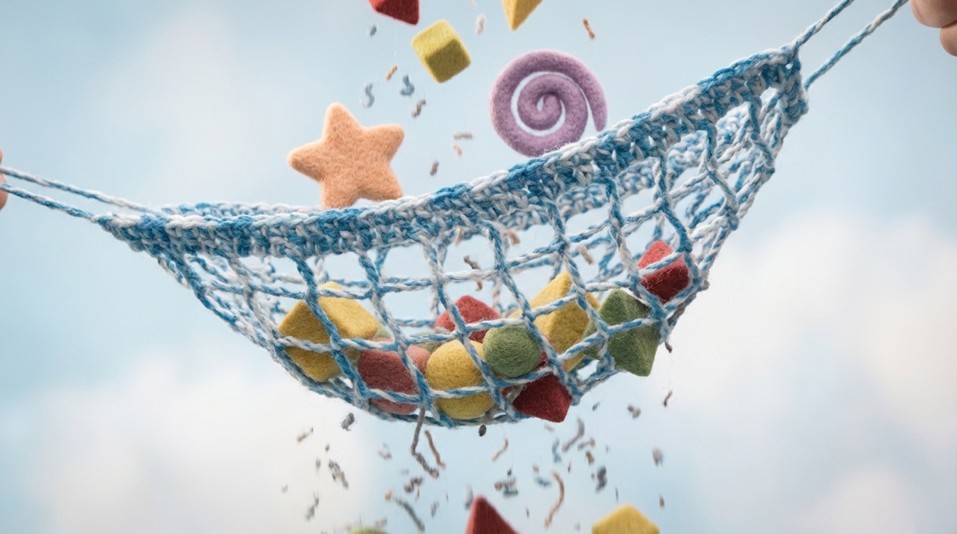 A stylized, wide-mouthed net gently scooping up a stream of varied objects – some are geometric shapes (data points), some are larger, more distinct forms (key insights), while many smaller, less defined specks (noise) fall through the mesh. The net is held by an unseen force. The mood is careful and selective. A low-angle, wide shot. The color palette is light and airy, with soft blues and whites for the net and background, and a mix of gentle, contrasting colors for the collected objects, highlighting the process of filtering.