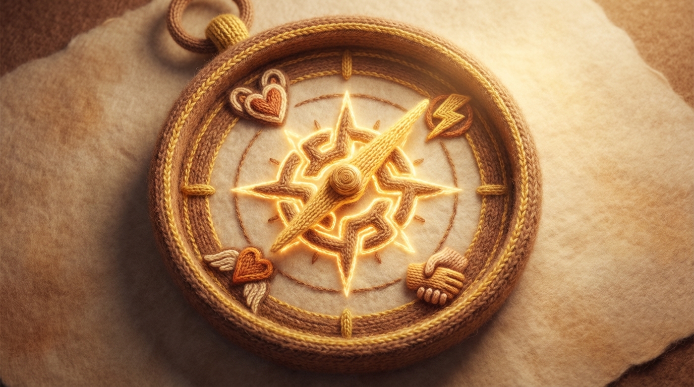 A beautifully crafted, antique-style compass with a glowing, intricate symbol at its center, representing core business values. Instead of cardinal directions, the compass points display abstract icons symbolizing empathy, speed, and trust. The needle is firmly fixed on the central symbol. The background is a soft, textured paper, suggesting a foundational document. Warm, earthy tones with a touch of golden light emanate from the center, creating a sense of purpose and guidance. The perspective is slightly overhead, looking down onto the compass.