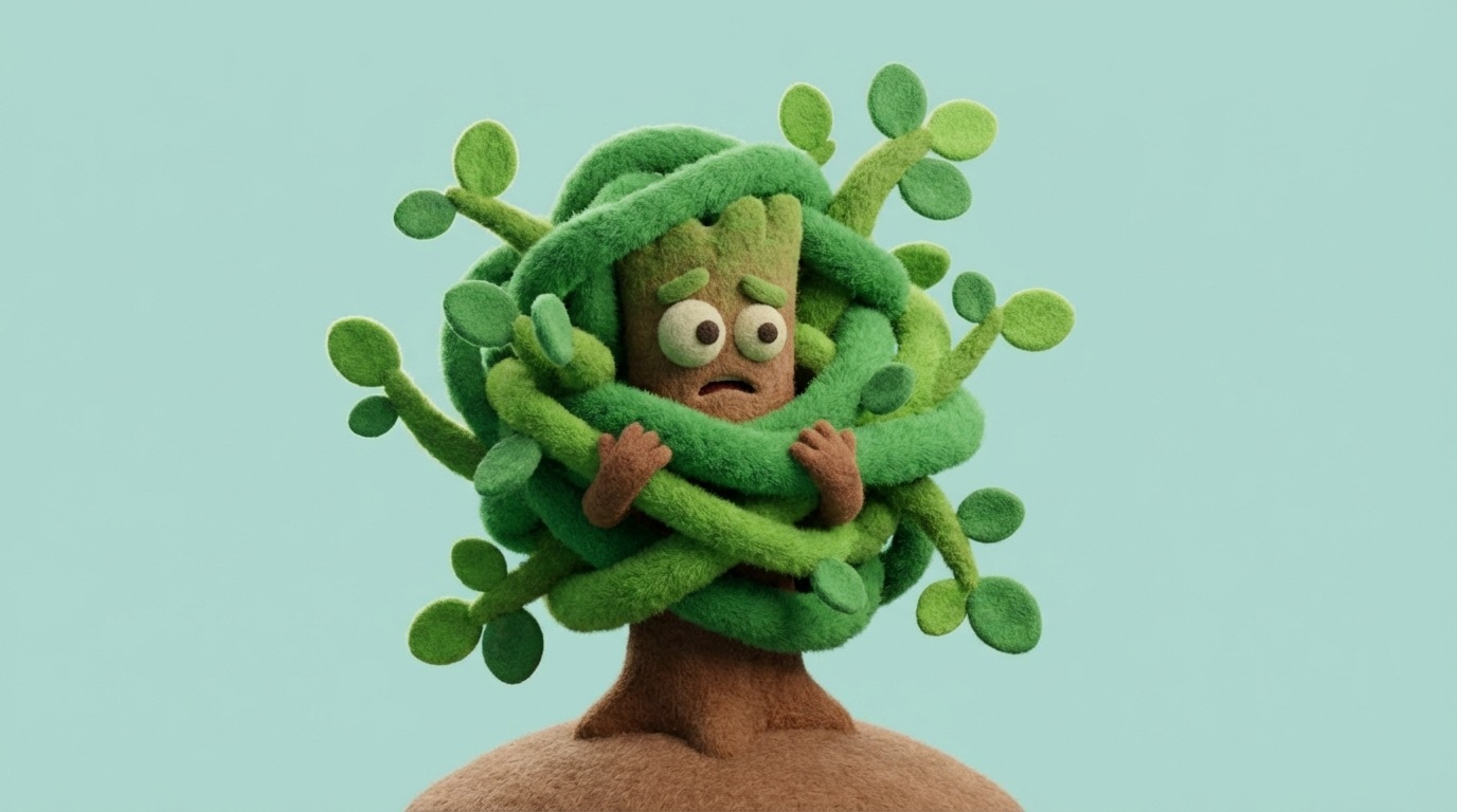 A small sapling is shown being rapidly overgrown by its own branches and leaves, becoming entangled and constricted. The plant is struggling to break free from its own growth. The scene uses vibrant greens and browns, but the overall mood is one of suffocation and being overwhelmed by one's own success.