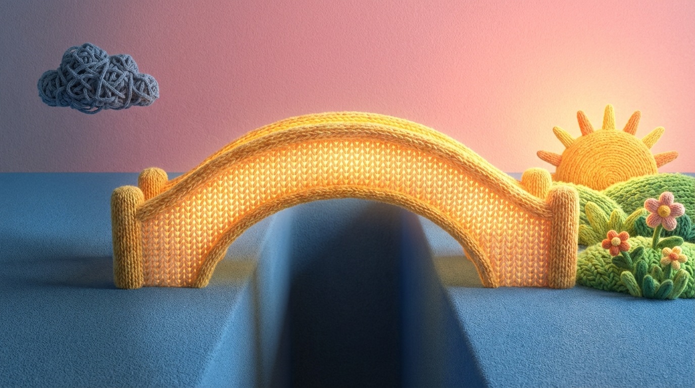 A stylized, glowing bridge arching over a gap, connecting a point labeled "Problem" to a point labeled "Benefit" or "Desired Outcome." The bridge is sturdy and clearly defined, representing a clear promise of transformation. The "Benefit" side is depicted as bright and inviting, perhaps with a rising sun, while the "Problem" side is slightly shadowed, emphasizing the positive change offered by the key promise. The overall mood is hopeful and reassuring.