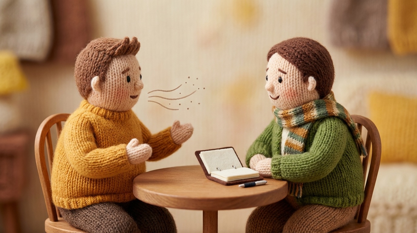 Two stylized figures sitting across from each other at a small, round table. One figure (representing the business) is leaning forward, actively listening, while the other (the customer) is speaking, with subtle lines radiating from them towards the listener, symbolizing communication and feedback. The table has a small, open notebook and a pen. The background is soft and unobtrusive, focusing on the direct, empathetic interaction. Warm, inviting colors.