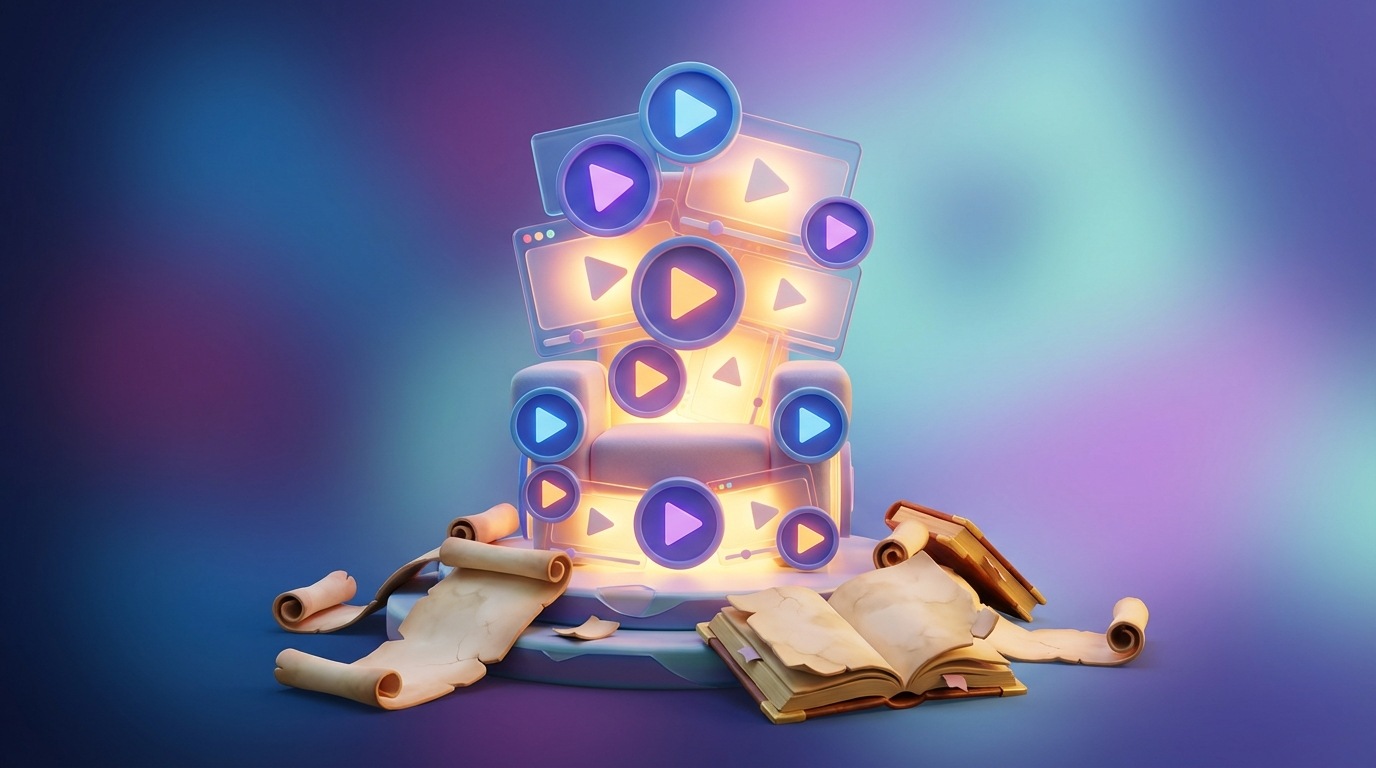 A stylized throne made of interconnected video play buttons and screen elements, glowing brightly in the center of the composition. Around its base, scattered, faded parchment scrolls and open books lie discarded, representing old text formats. The background is a soft, inviting gradient of blues and purples, suggesting innovation and modernity. A slightly elevated perspective looking up at the throne, conveying importance and dominance. The mood is forward-looking and authoritative.