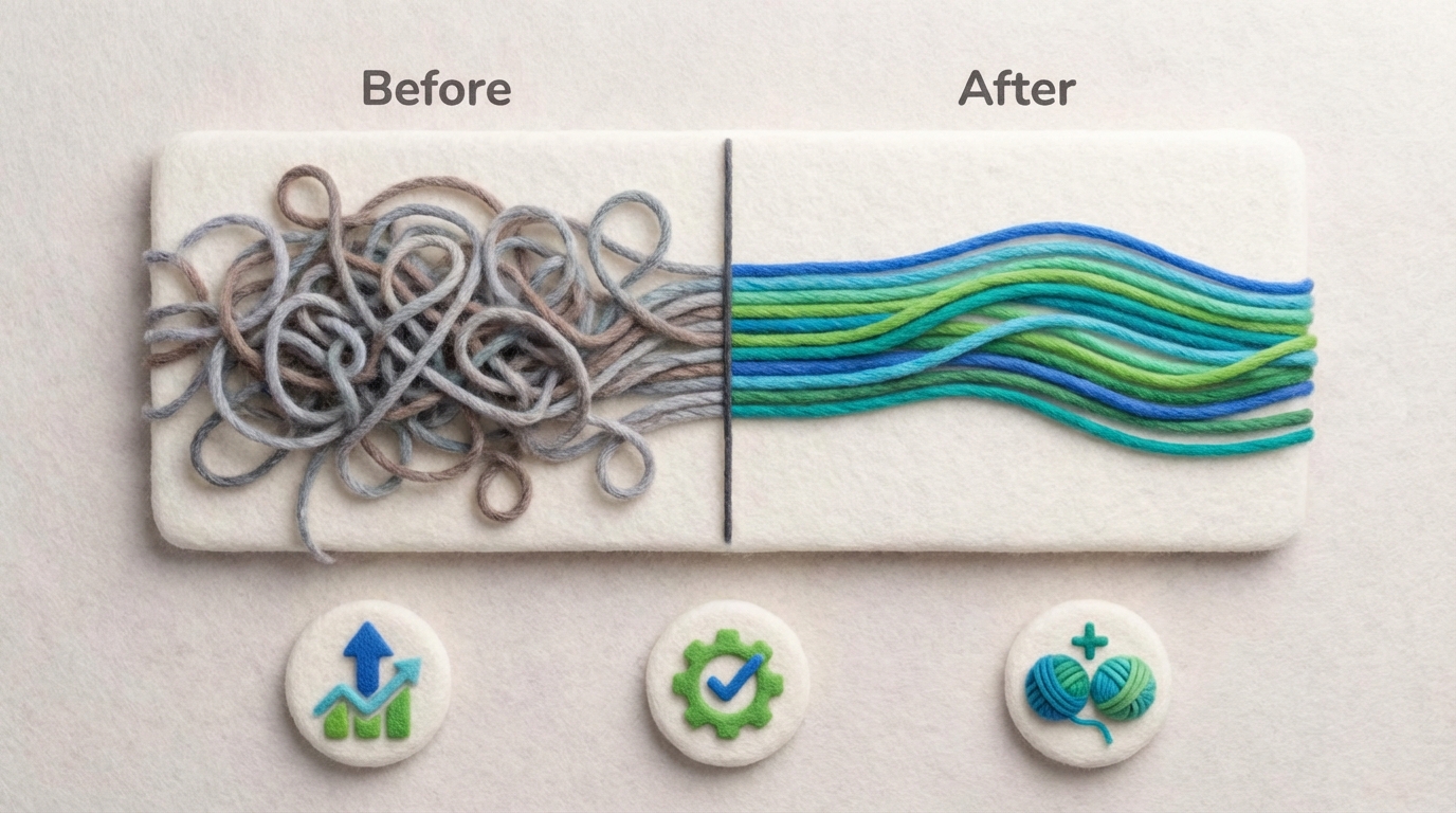 A stylized presentation slide with a prominent central visual: a split screen showing a 