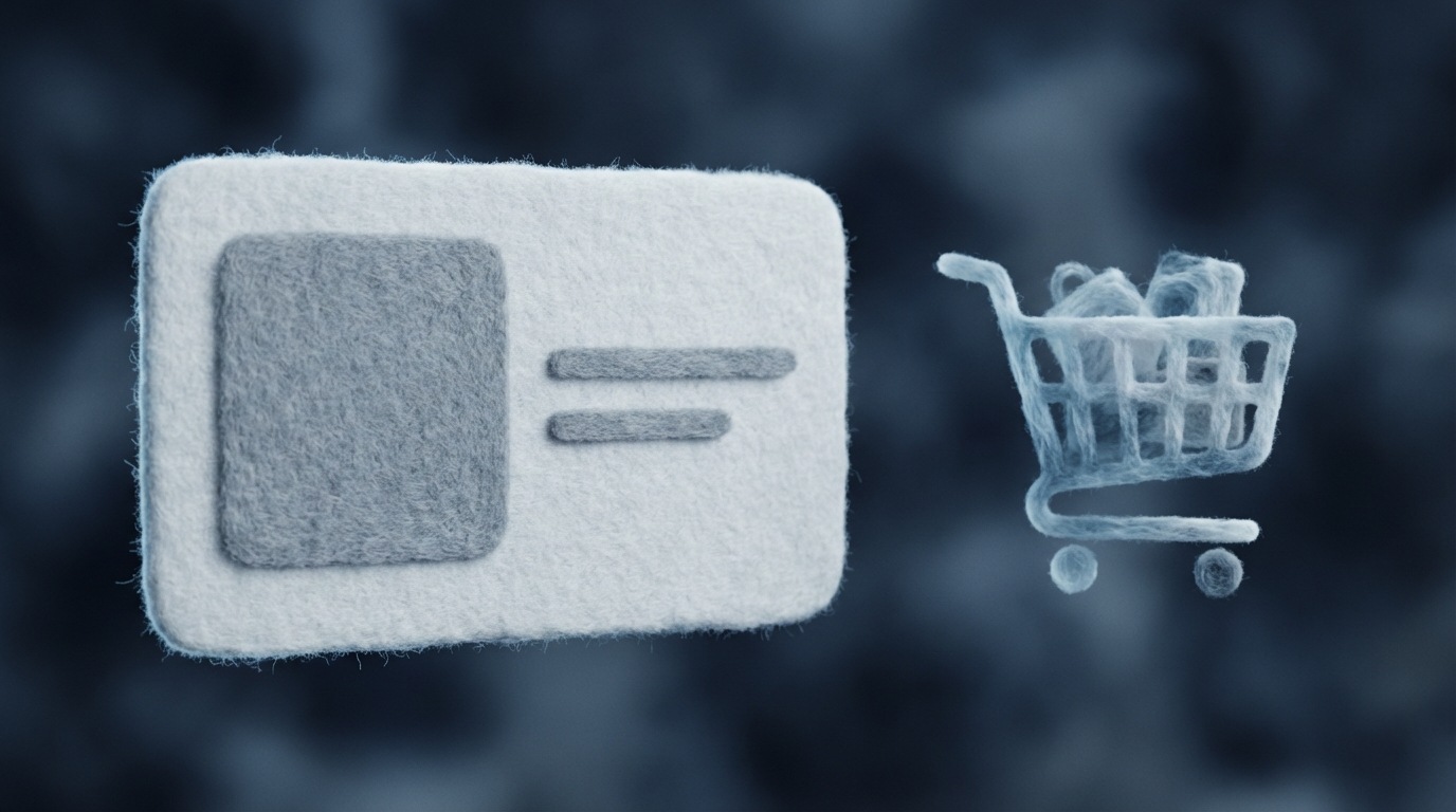 A blank, white digital product card floating in a void. It has placeholders for an image and text, but they are empty or contain only generic symbols. A ghostly, transparent shopping cart icon hovers nearby, half-filled, suggesting abandonment. The background is a soft, dark blur, making the emptiness of the card stand out. Cool, slightly melancholic tones.