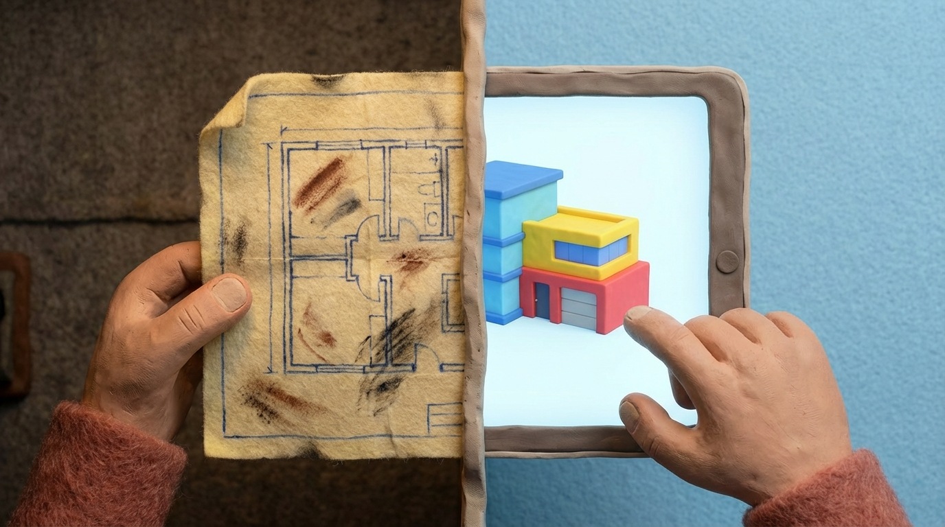 A dynamic split view. The left side shows a hand holding a physical blueprint, with smudges and creases, under dim, warm lighting. The right side shows a hand interacting with a tablet displaying a clean, colorful 3D model of a building, with bright, clear lighting. The contrast highlights the shift from traditional to digital methods in construction.