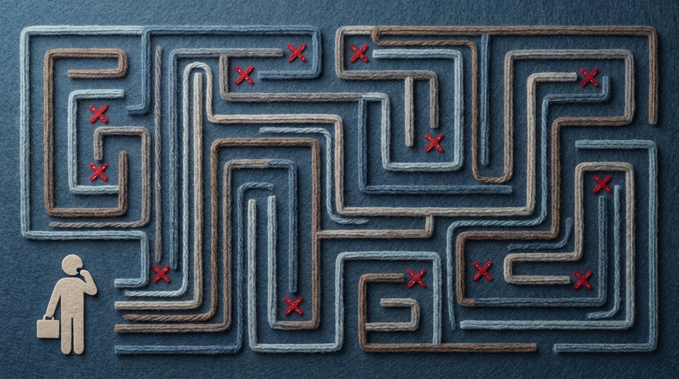 An overhead view of a winding, complex maze made of digital pathways, with several visible dead ends and warning symbols (e.g., X marks) indicating common pitfalls. A small, simple icon representing a business or a decision-maker is at the entrance, contemplating which path to take. The maze has a slightly ominous, challenging atmosphere, with muted, uncertain colors. The path ahead is unclear, highlighting the difficulty of choice and potential errors.