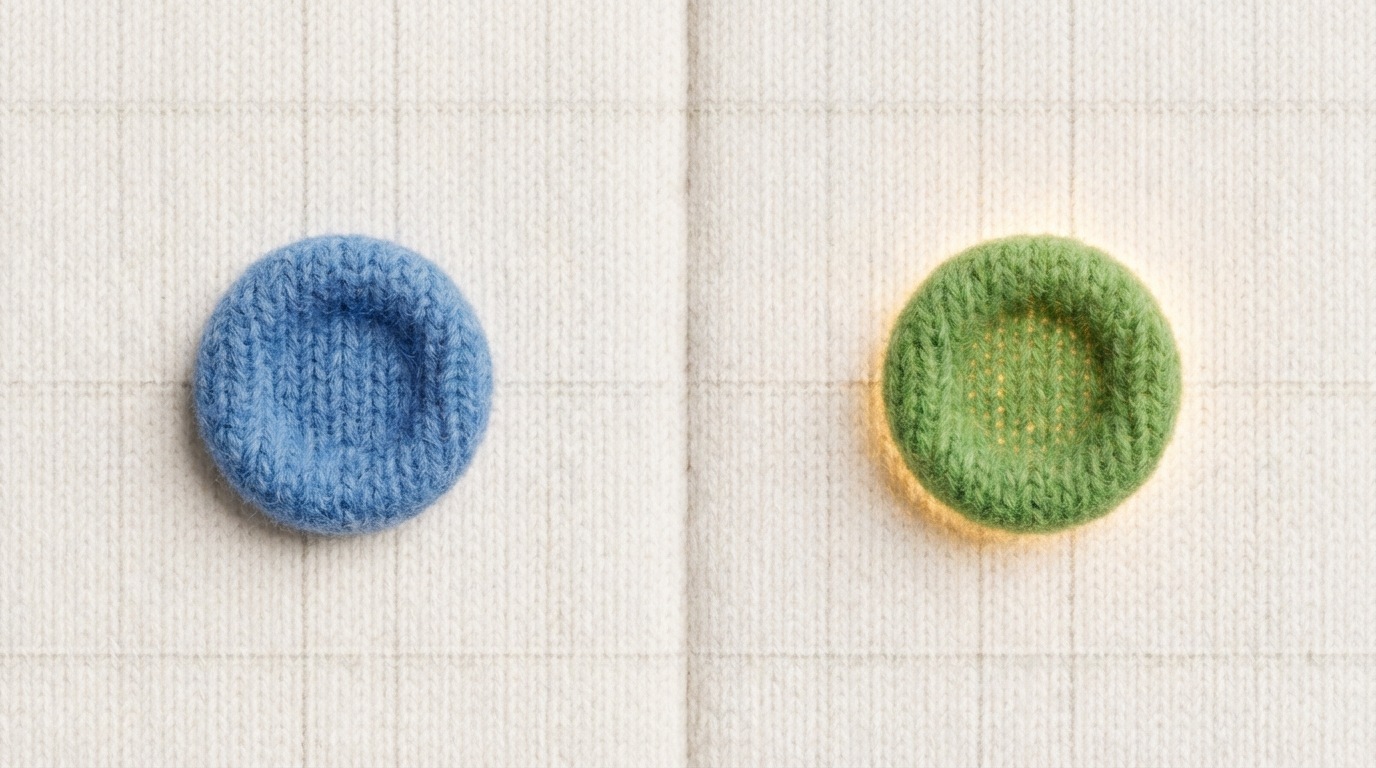 A split screen showing two versions of a simple web page. On the left (Version A), a blue button says "Click Here". On the right (Version B), a green button says "Learn More". The background is a clean, minimalist design with a faint grid pattern. A subtle, warm glow emanates from Version B, suggesting better performance. The composition highlights the direct comparison, with a sense of calm and analytical focus.