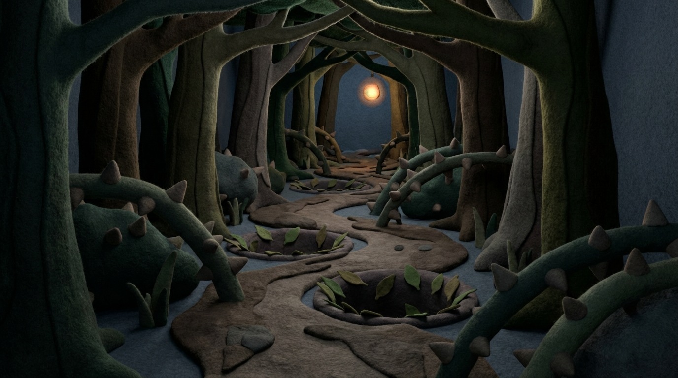 A winding, treacherous path through a dark, dense forest. Along the path, there are hidden pitfalls covered by sparse leaves, and thorny bushes that snag passersby. In the distance, a faint, misleading light shines, drawing travelers towards potential danger. The overall mood is cautionary and slightly eerie, with deep greens, browns, and grays dominating the color palette, emphasizing the hidden dangers and challenges in the optimization journey.