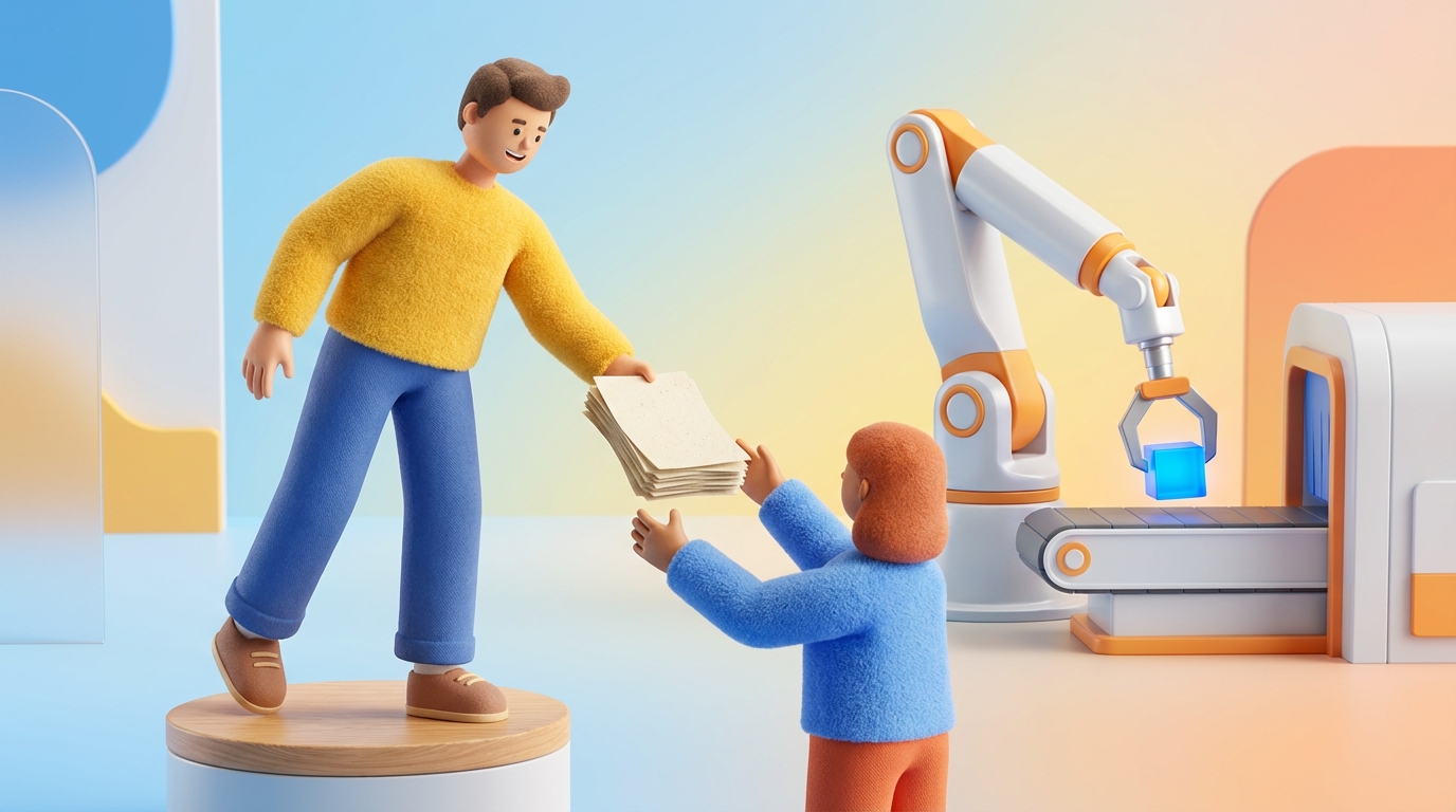 A stylized person standing on a small platform, reaching out to hand a stack of tasks or documents to another person who is ready to receive them. In the background, a sleek, efficient robotic arm is performing a repetitive task with precision. The overall scene conveys teamwork and technological assistance, expanding the capabilities of the central figure. The color palette is collaborative and efficient, with bright, active tones and clean lines, suggesting progress and shared workload.